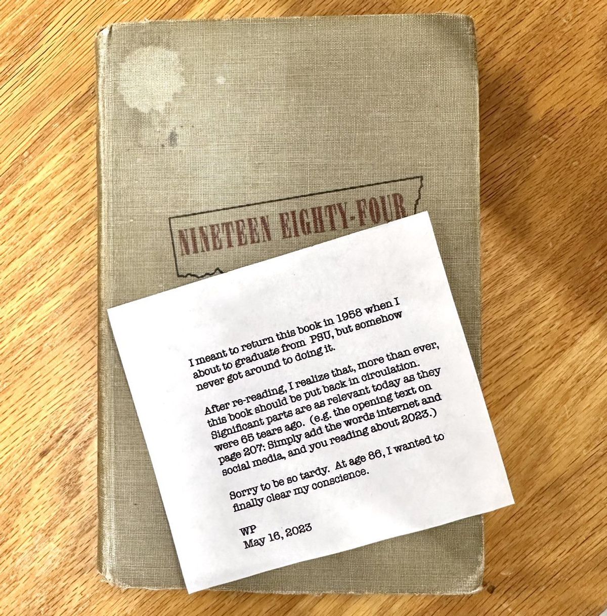 George Orwell's '1984' returned to library 65 years late with a note saying it's 'as relevant today'