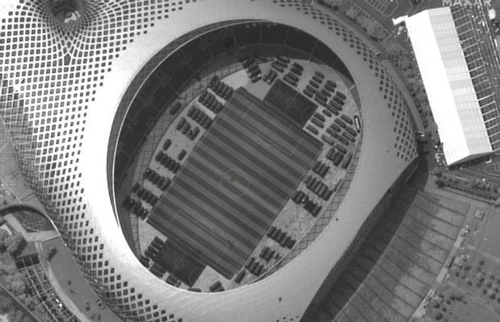 A satellite image appears to show a close up of Chinese military vehicles at Shenzhen Bay Sports Centre in China, close to the Hong Kong border.