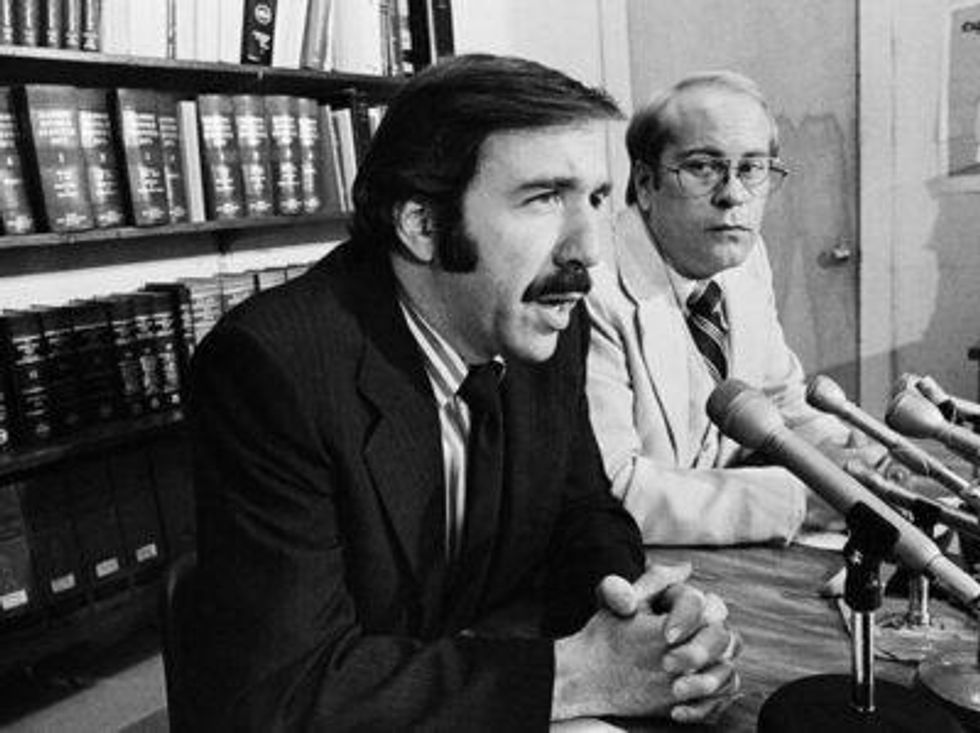 ACLU legal director David Goldberger, left, appears at a Chicago Press conference with ACLU Executive Director David M. Hamlin. Both men were happy with the court's decision to allow Frank Collin and his Nazi group to hold a rally in Chicago's Marquette Park.
