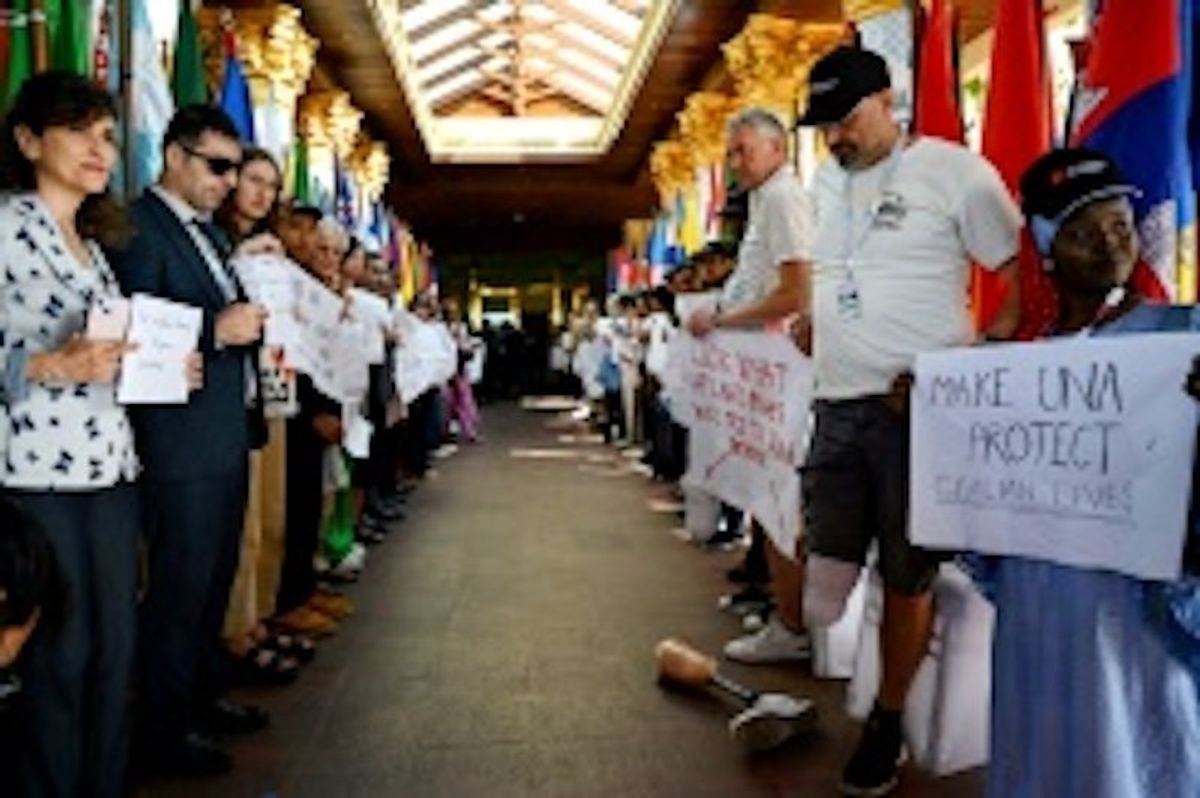 Landmine victims gather to protest U.S. decision to supply Ukraine