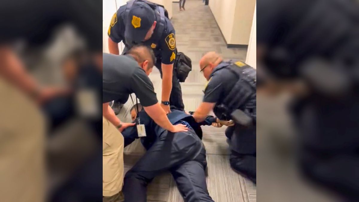 Watch: Senator tackled and handcuffed after interrupting Kristi Noem event