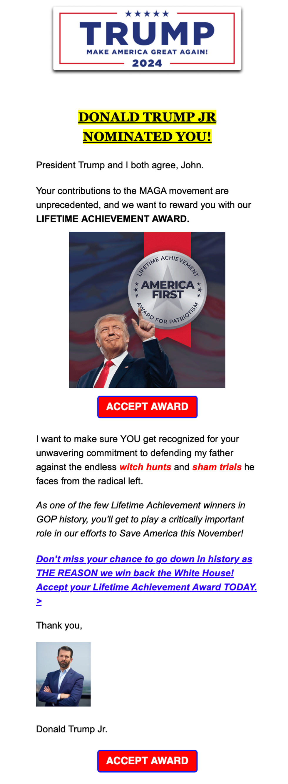 America First Lifetime Achievement Award for Patriotism