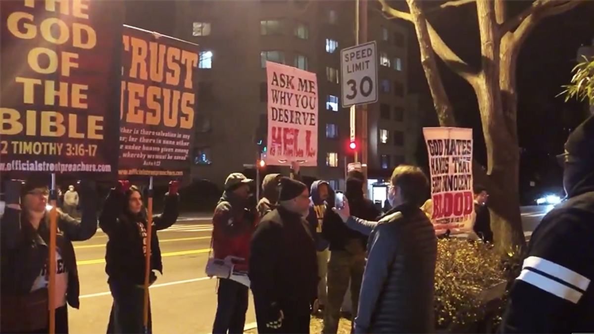 Religious protesters outside notorious Washington pizza parlor blasted with Lady Gaga music