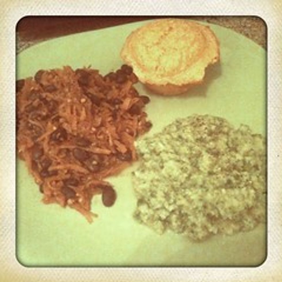 Black bean/sweet potatoes, mashed kohlrabi, cornbread