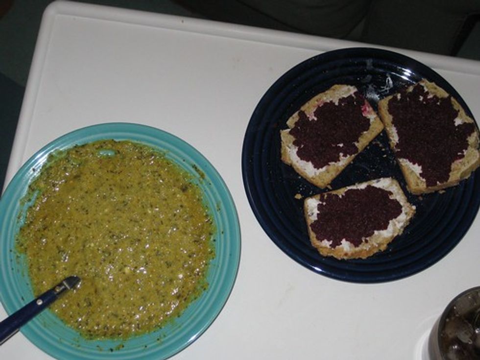 Cauliflower soup and beet spread