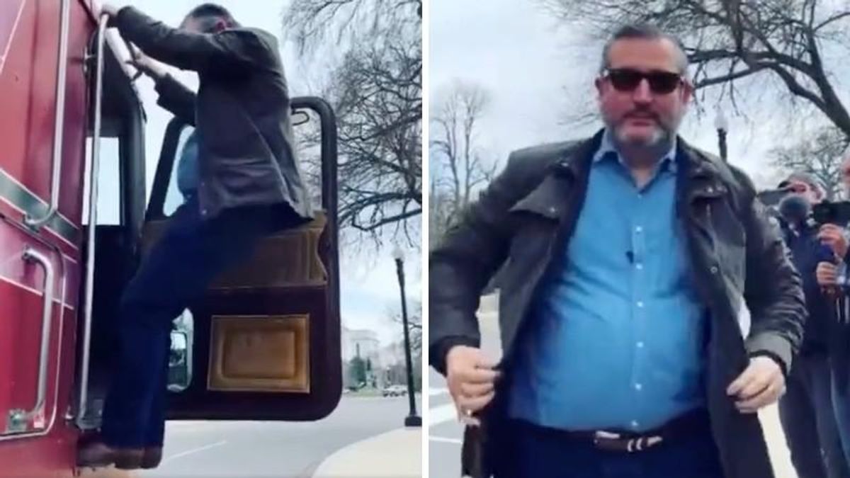 Watch Ted Cruz struggle to climb down from big rig after trucker convoy photo-op
