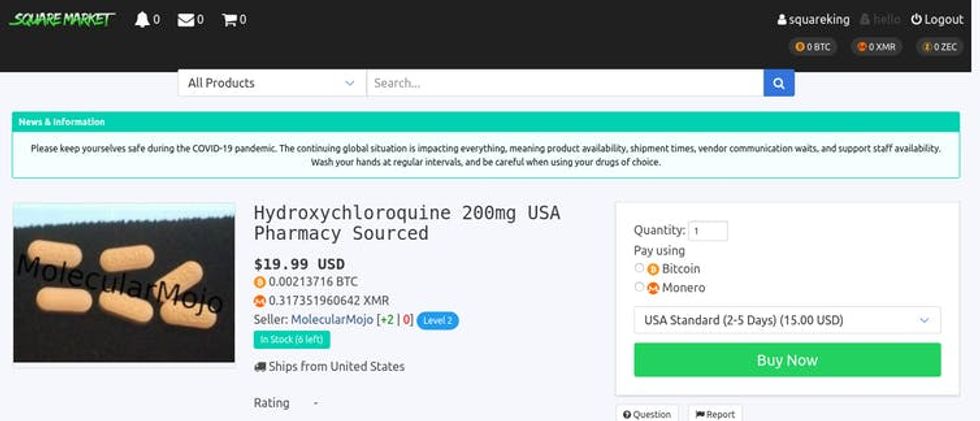 Darknet website product page showing Hydroxychloroquine pills