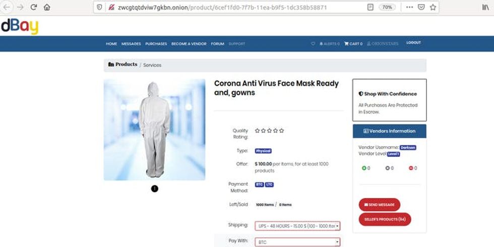 Darknet website product page showing protective gown