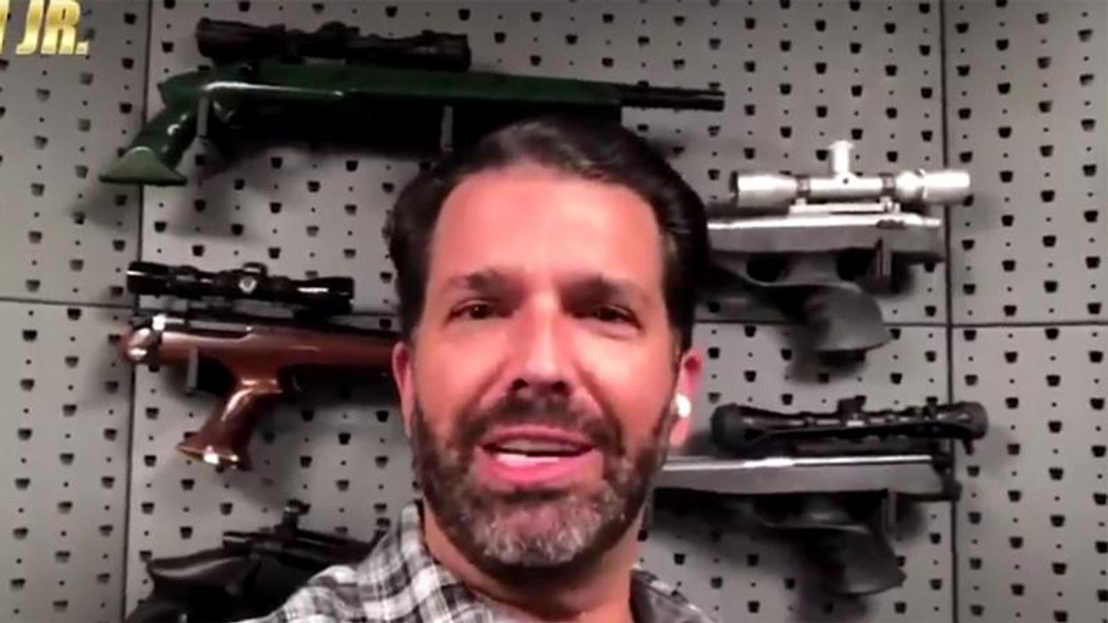 Internet stunned by Don Trump Jr. rant about teachers' unions in front of a wall of guns