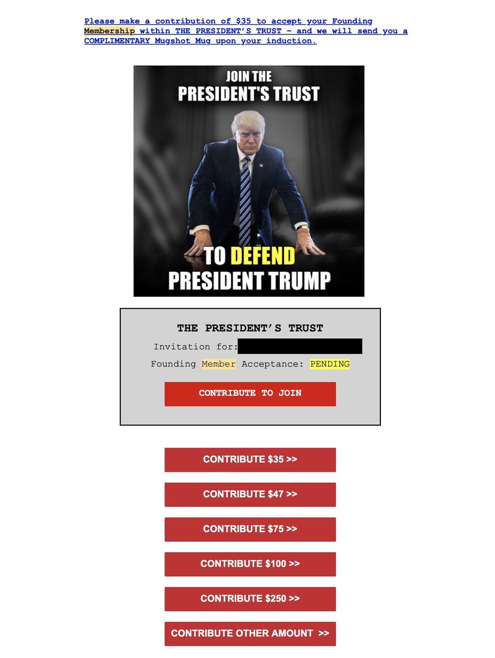 Donald Trump campaign fundraising message