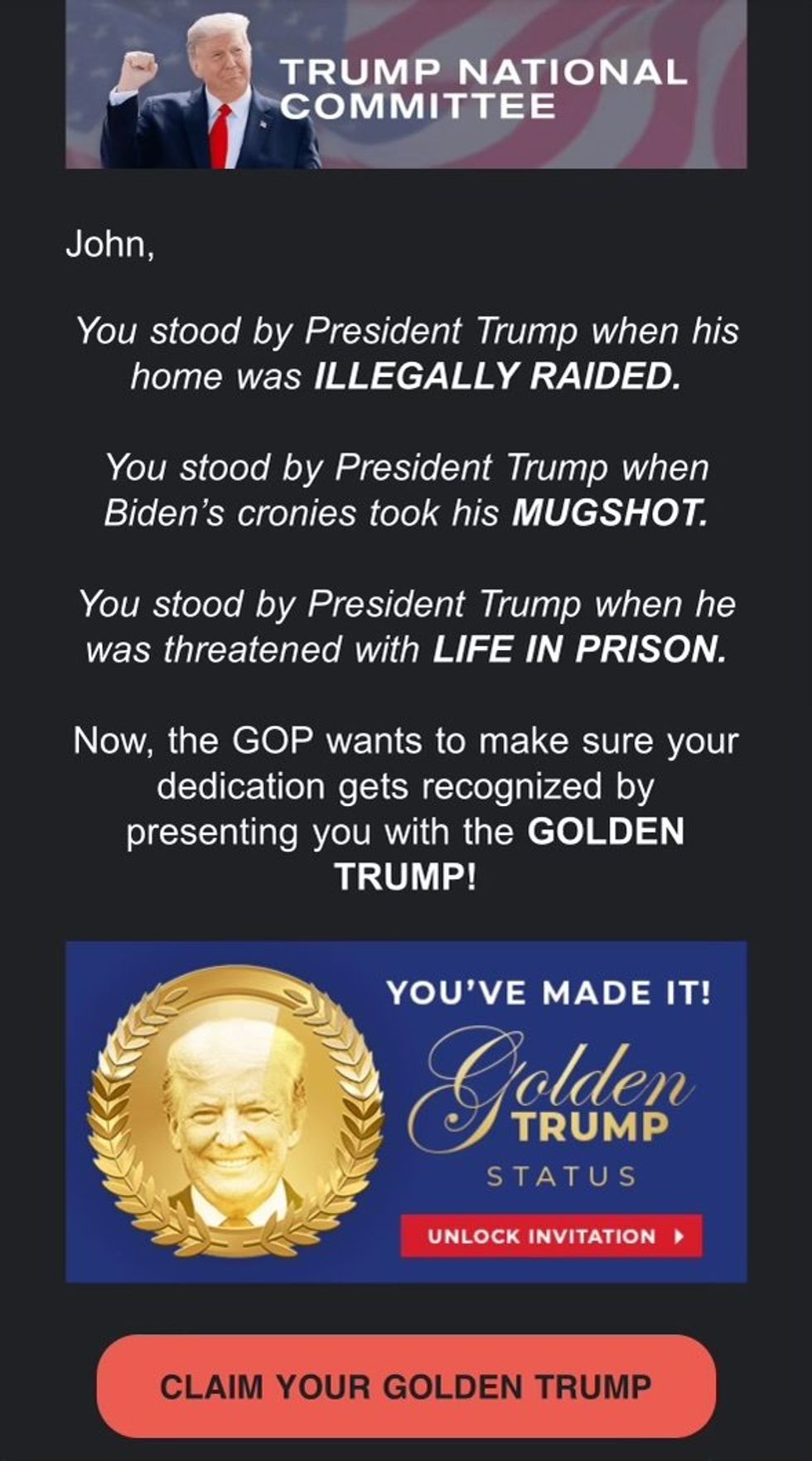 Donald Trump campaign fundraising message