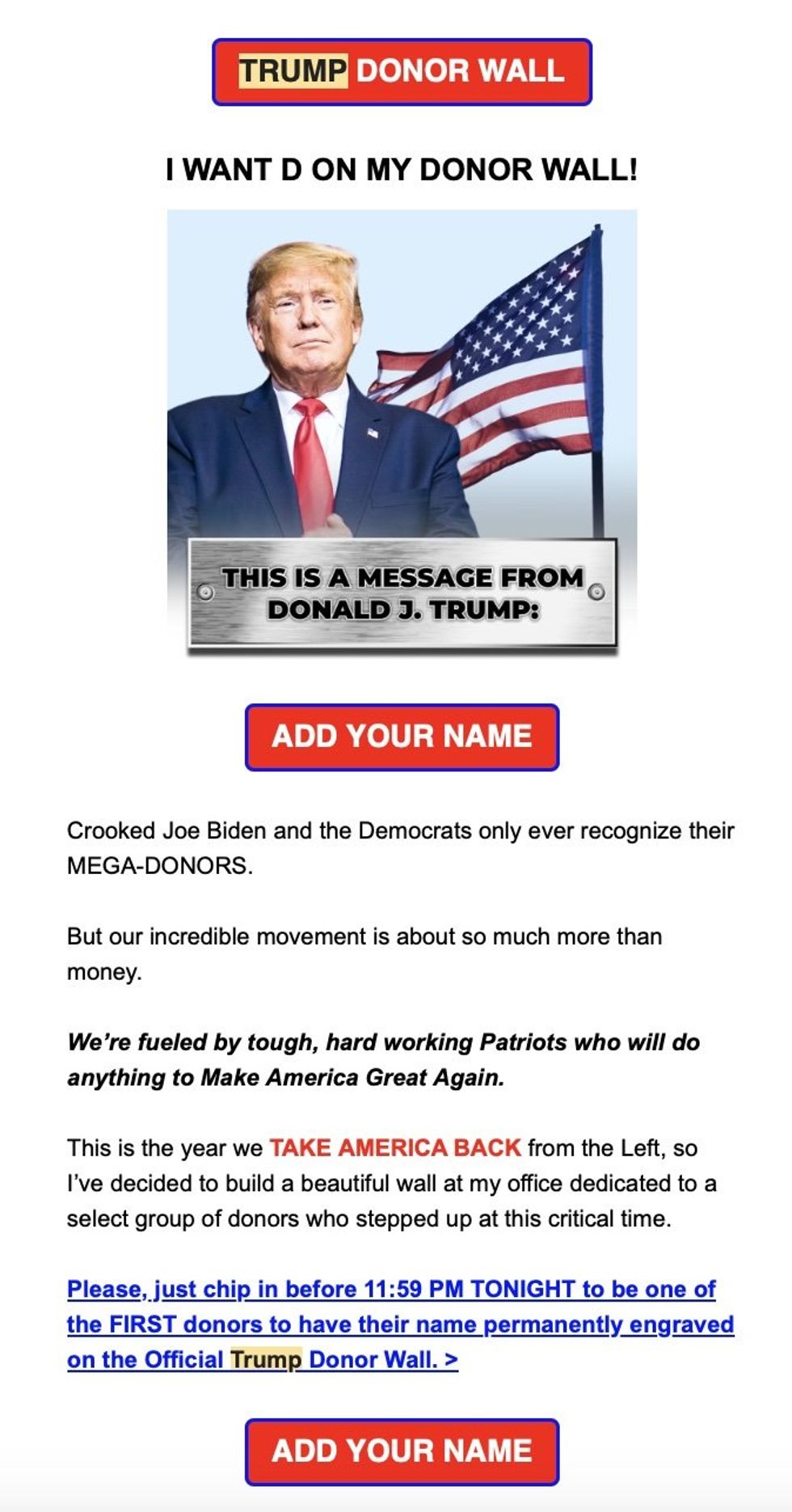 Donald Trump campaign fundraising message