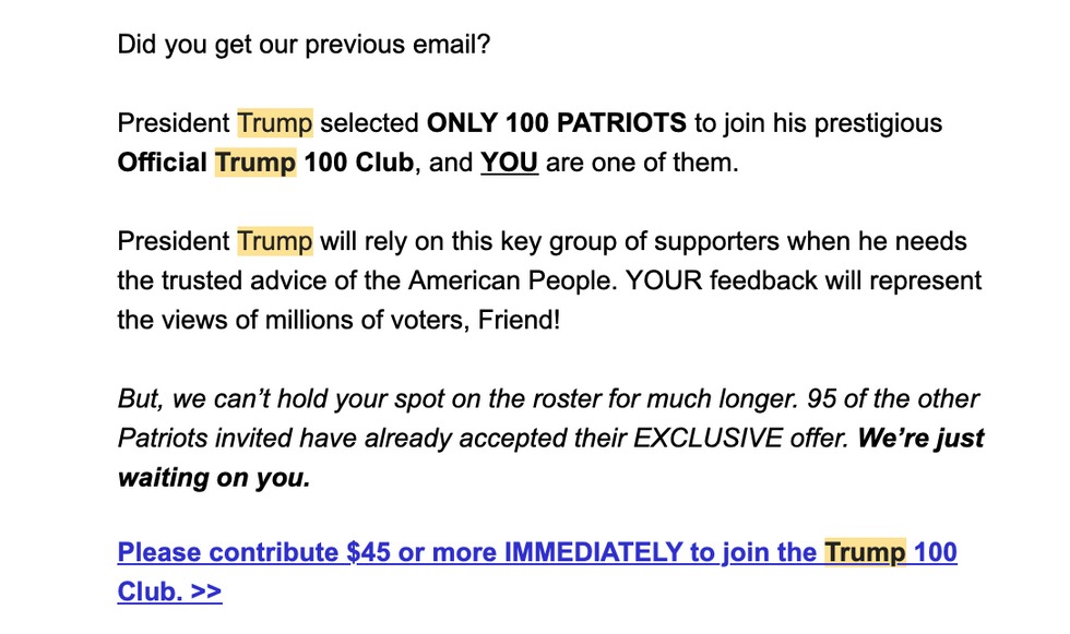 Donald Trump campaign fundraising message