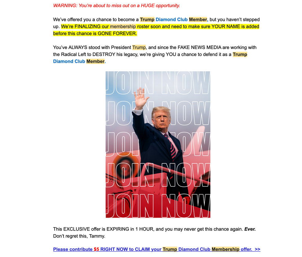 Donald Trump campaign fundraising message