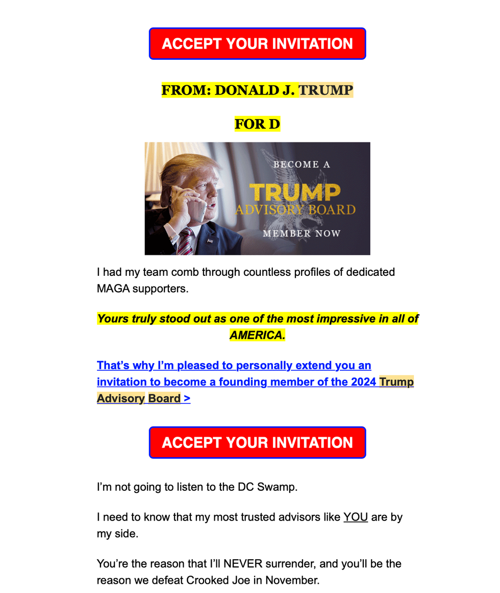 Donald Trump campaign fundraising message