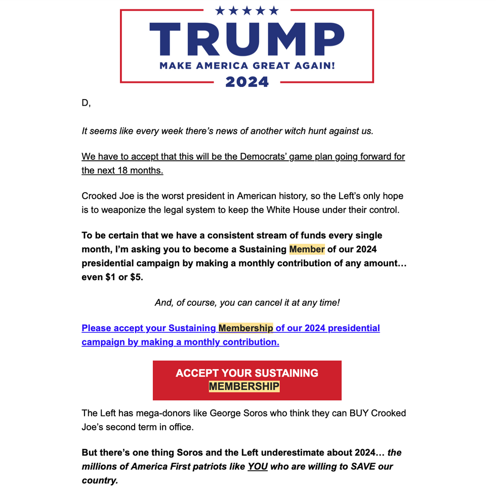 Donald Trump campaign fundraising message