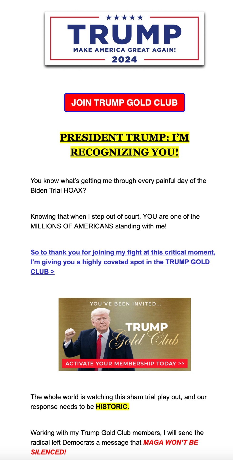 Donald Trump campaign fundraising message