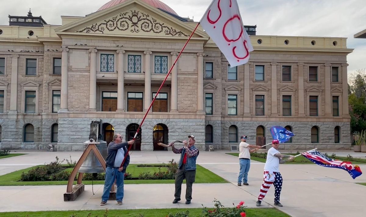 'SOS': Watch 'crowd' of 15 election deniers protest Katie Hobbs outside the Arizona capitol