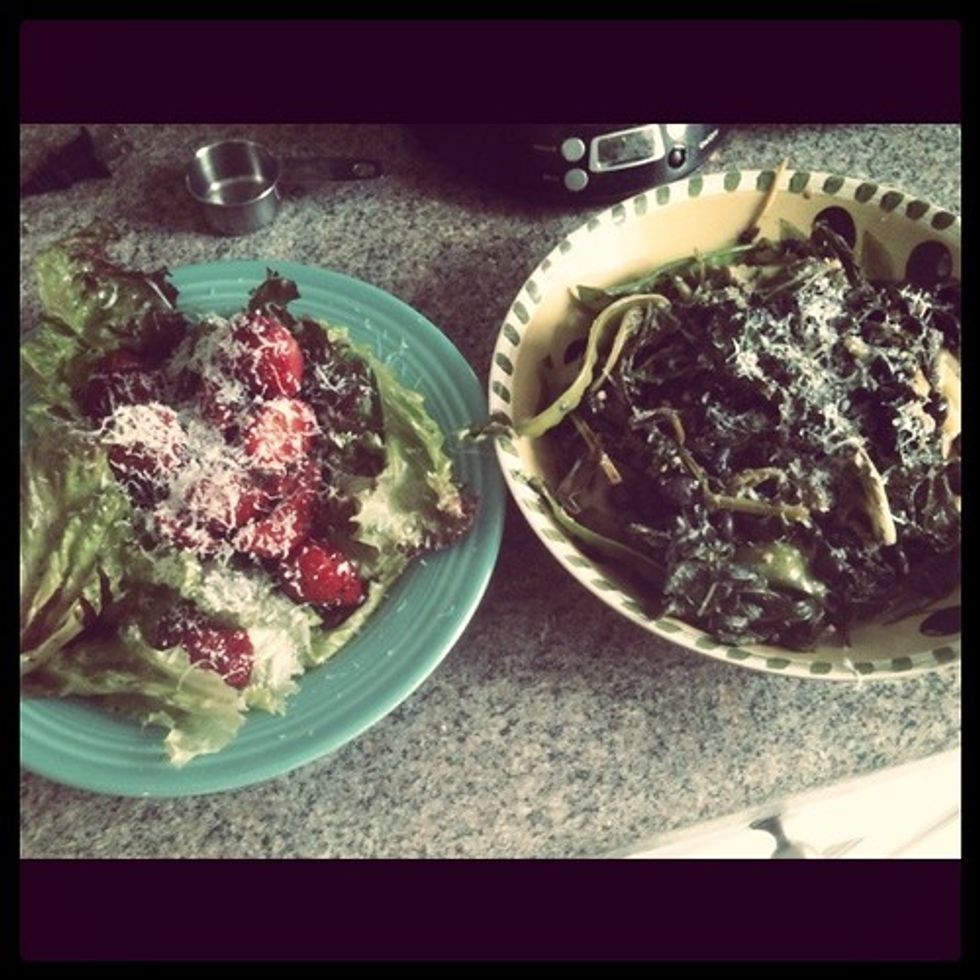Greens, polenta, and strawberry salad