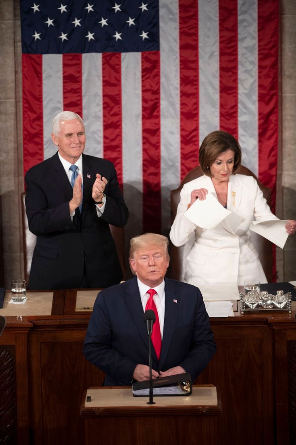 House Speaker Nancy Pelosi tears up what appeared to be a copy of President Donald Trump's State of the Union speech.