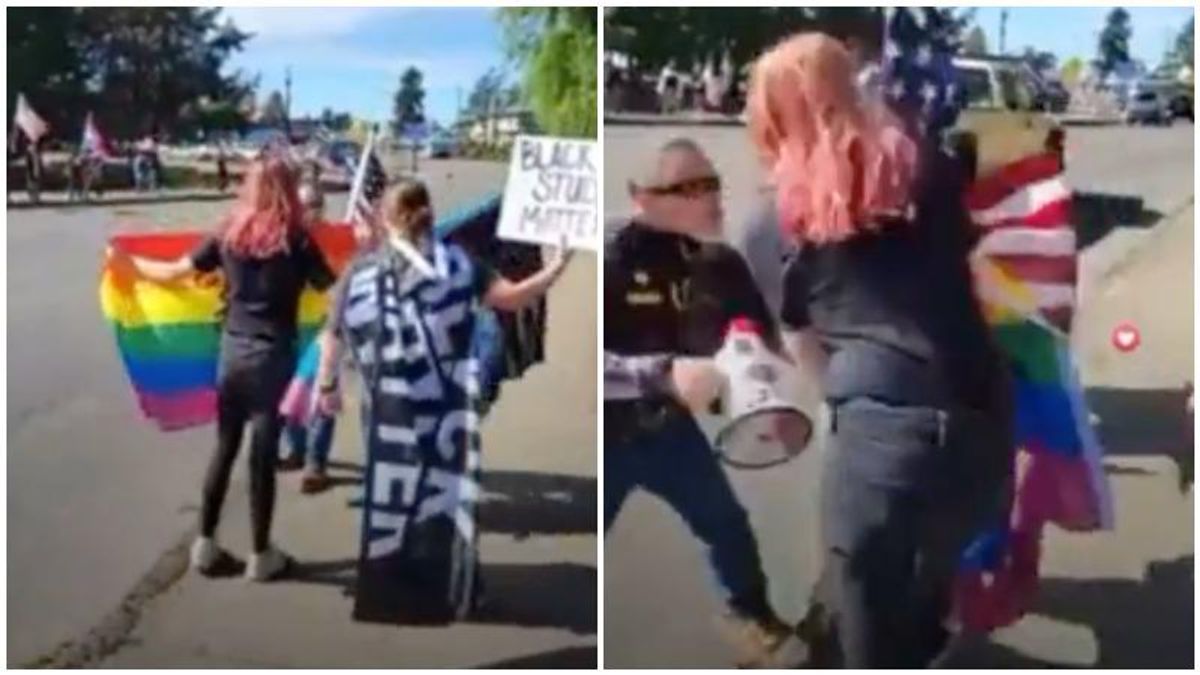 Tensions flare in Oregon town as Proud Boys show up to support anti-vaxx blackface teacher