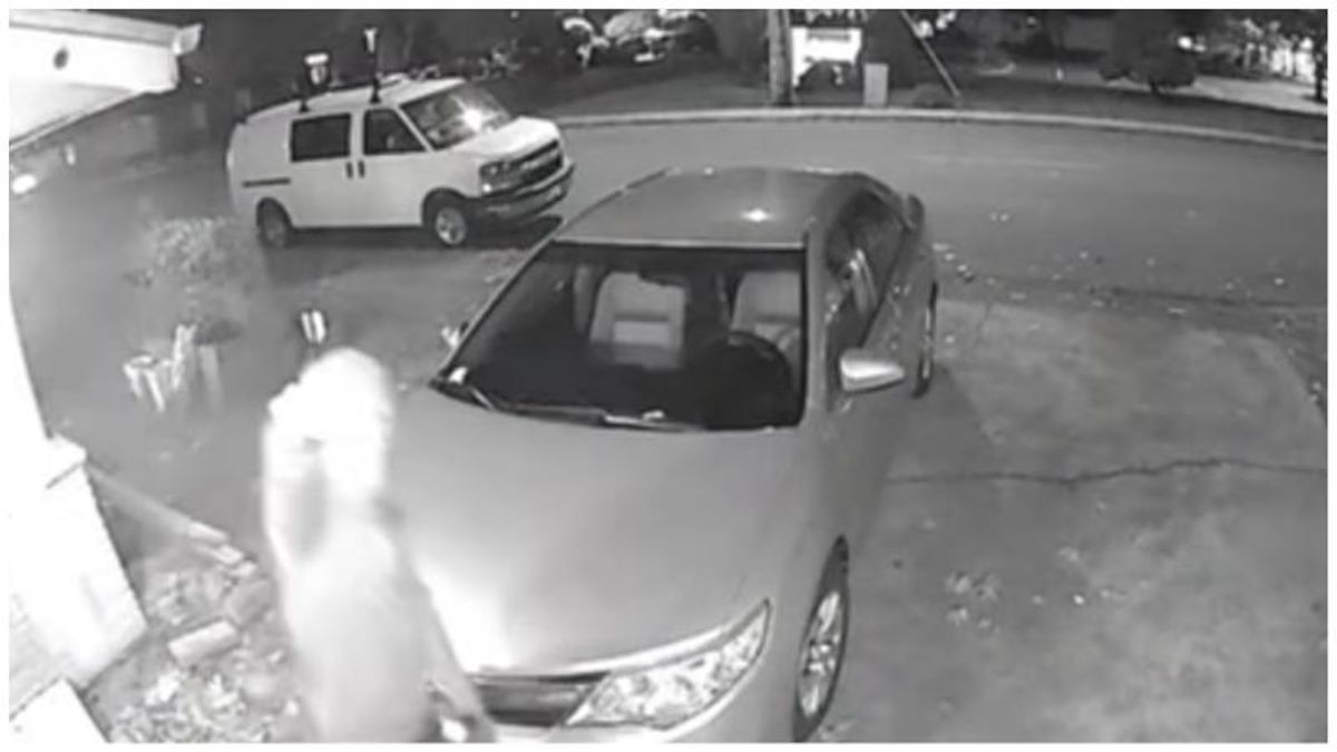 Home security footage shows suspect light Pride flag on fire before giving Nazi salute