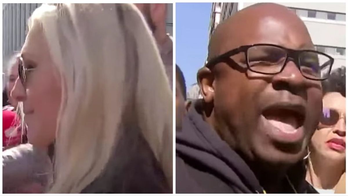 Jamaal Bowman heckles Marjorie Taylor Greene as she's whisked away from pro-Trump protest in NYC