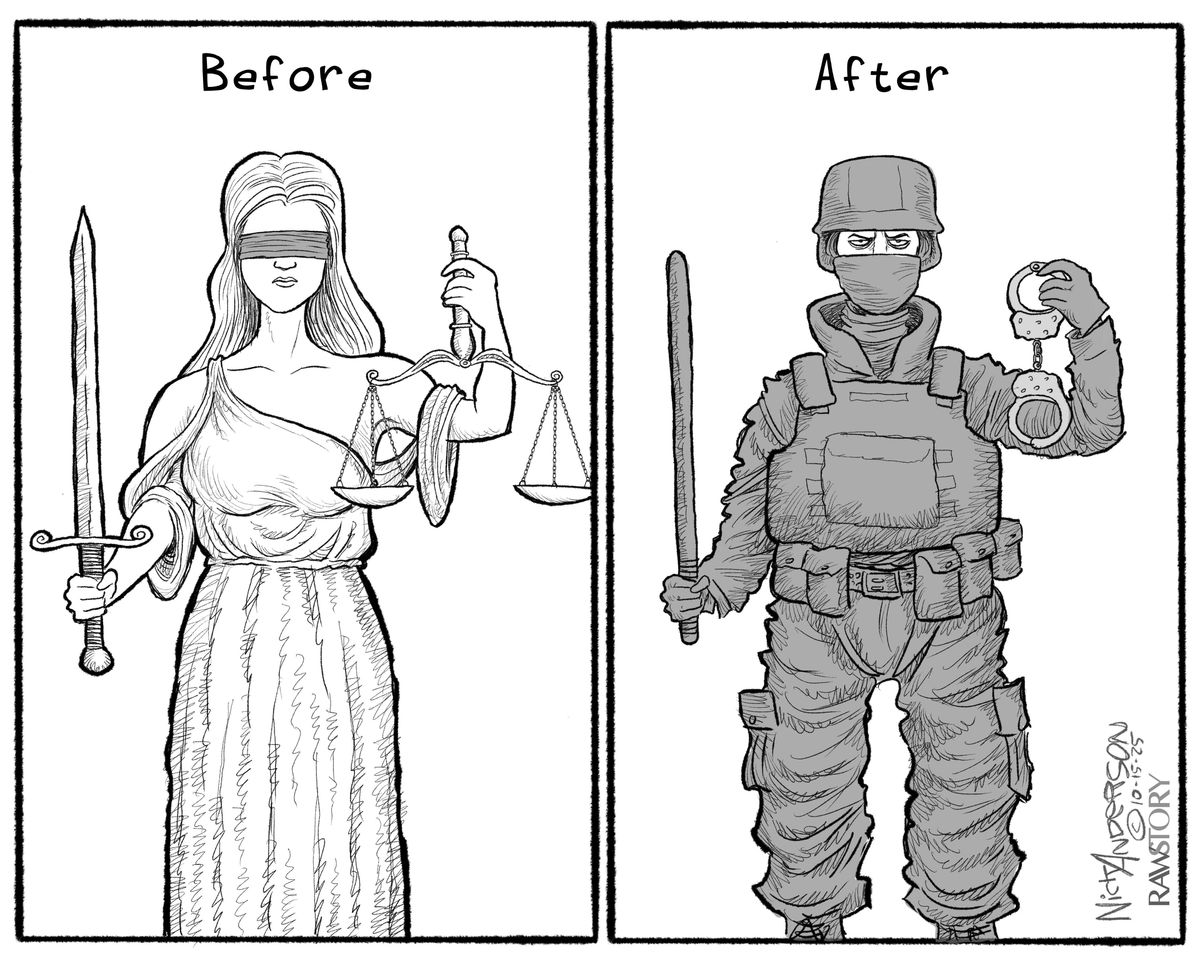 Lady Justice taken prisoner by 'tough-on-crime' Trump