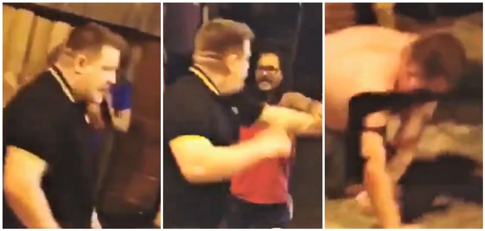 Man wearing 'Proud Boys' shirt flicks a lit cigarette at a bystander -- and gets humiliatingly beaten