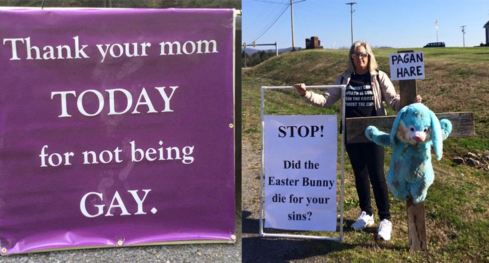 Frequently enraged Christian woman hauls bizarre anti-LGBT sign to Mother's Day brunch