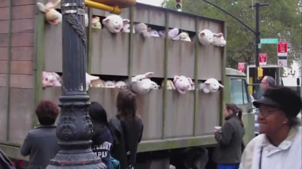 Banksy's latest art stunt drives a truck of stuffed animals to slaughter in Brooklyn