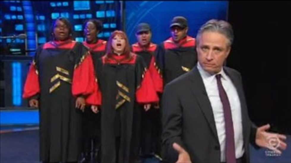 Jon Stewart and his choir have a message for the media for using him against Obamacare: 'Go f*ck yourselves'