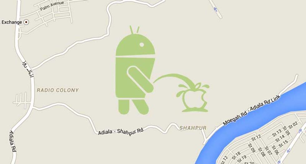 Google Maps hides an image of the Android robot pissing on Apple