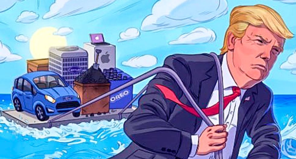 Trump tweets bizarre narcissistic painting of him saving America by pulling US companies across an ocean