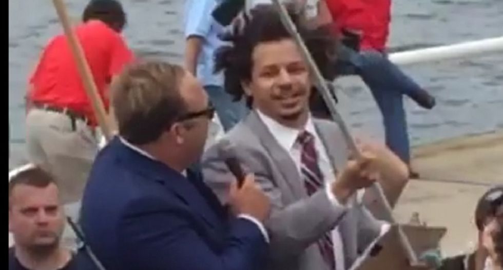 WATCH: Alex Jones flummoxed and enraged after comedian steals the stage at his GOP convention rally