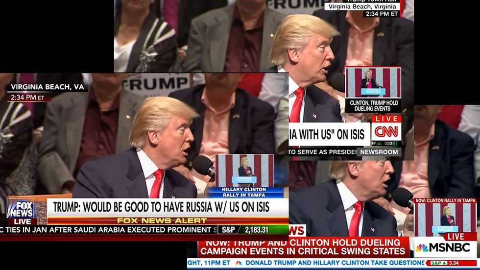 All three cable networks air Trump's town hall live while showing Clinton's rally in a tiny box