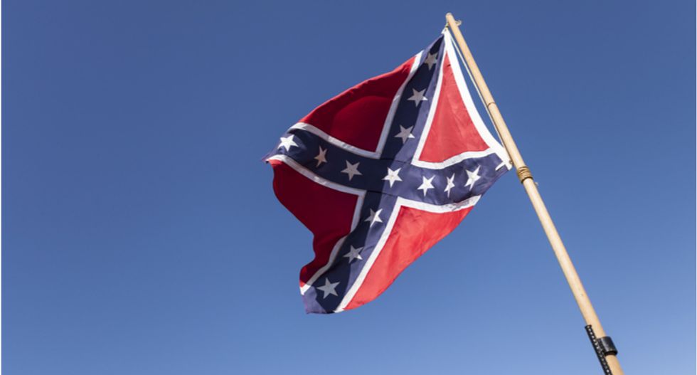 White crowd cheers for the Confederate flag at Illinois re-open rally