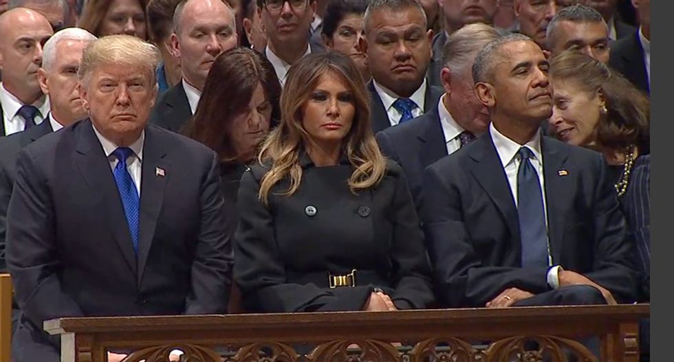 Trump attends Bush funeral -- arrives last and ignores the Clintons
