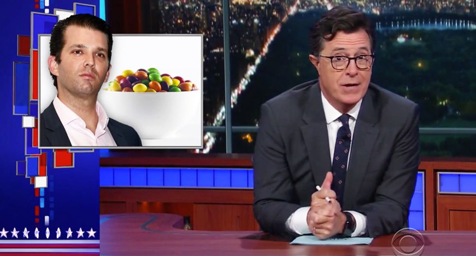 ‘Go fudge yourself’: Colbert dismantles Trump’s ‘used car salesman’ son over his dumb Skittles meme