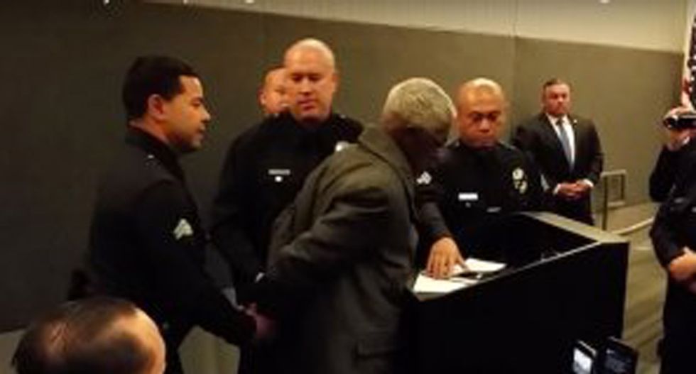 Los Angeles police are arresting people for speaking 20 seconds over their allotted time at city meetings