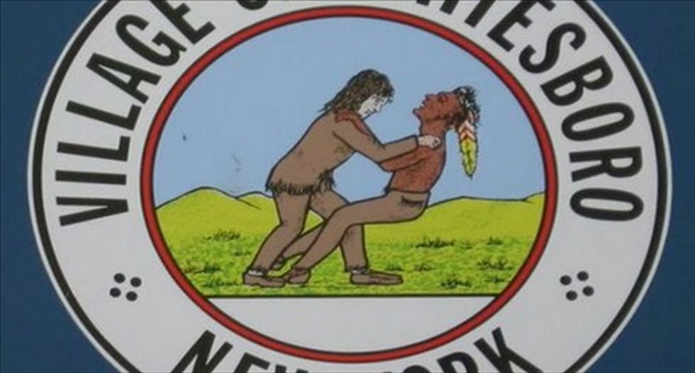NY mayor defends village seal showing man choking Native American: It's really a 'friendly wrestling match'