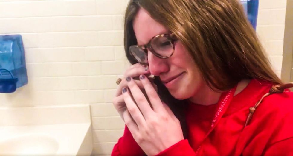 WATCH: Abuse survivor left in tears after encounter with Trump surrogate at post-debate event