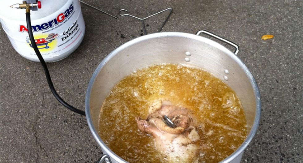 Hazmat unit dispatched after mishap with a turkey fryer improperly attached to a propane tank