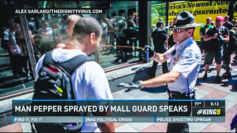 Mall cop ignores racist harassing Seattle protesters and pepper sprays black bystander instead