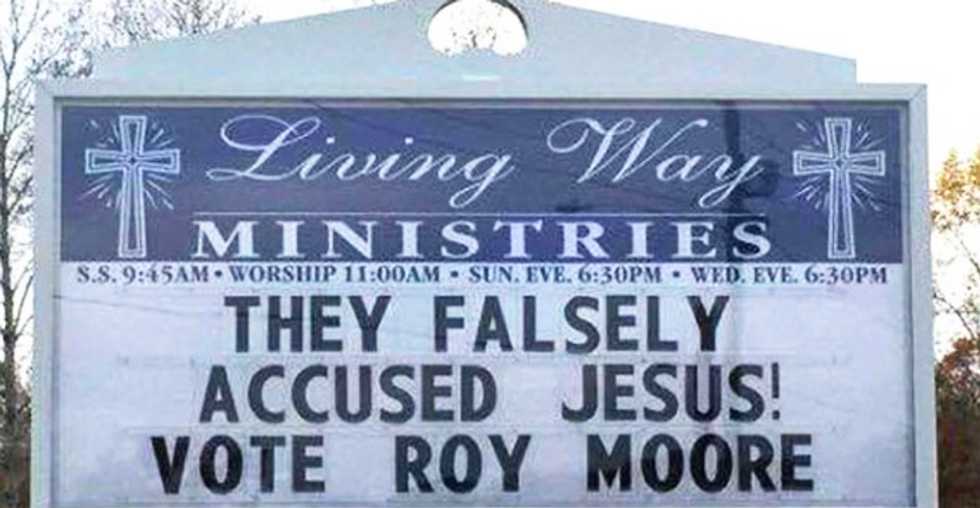 Alabama church under fire for 'They falsely accused Jesus. Vote Roy Moore' sign