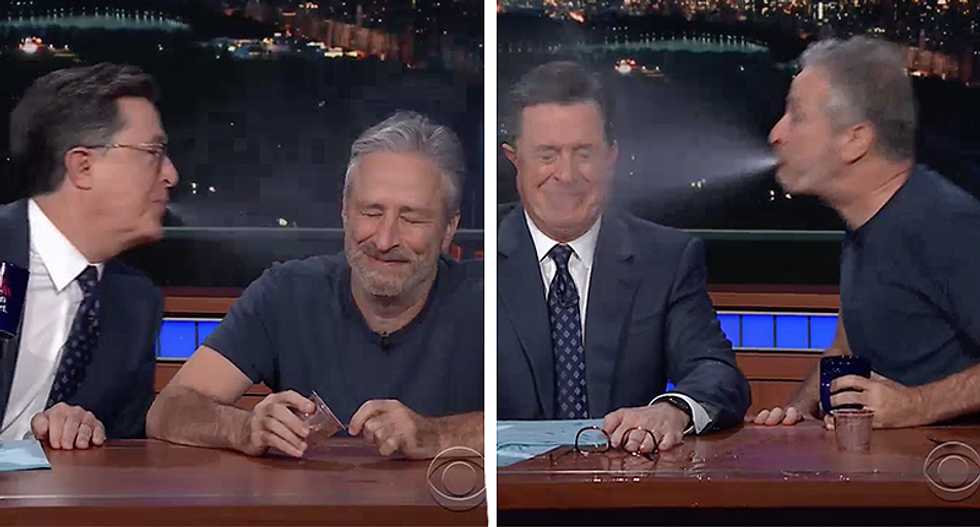 WATCH: Jon Stewart and Stephen Colbert swap spit takes on ‘Late Show’