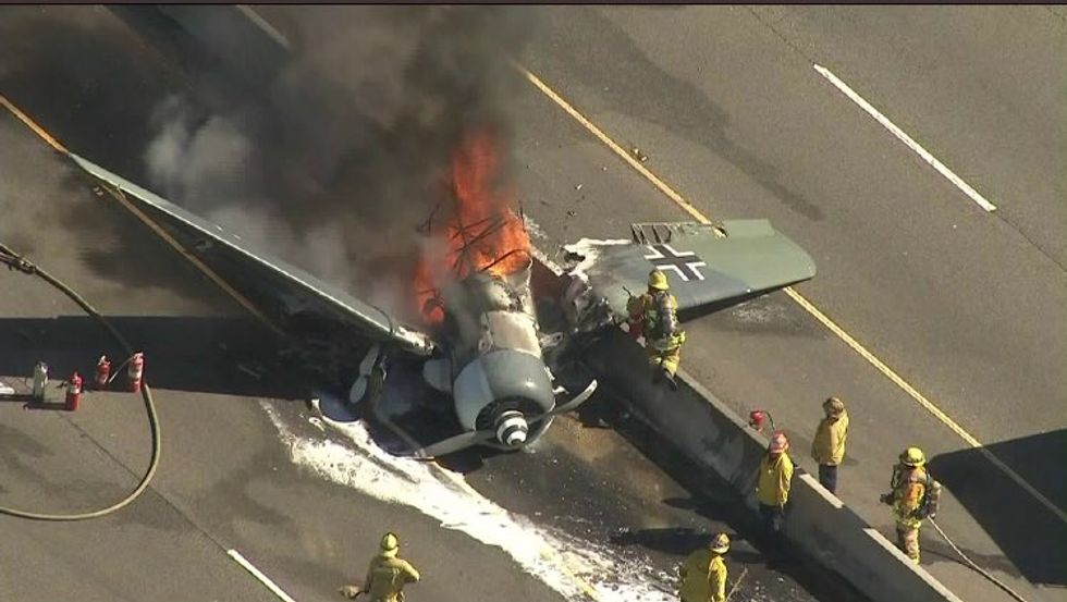 Small plane with markings reminiscent of Nazi-era Luftwaffe crashes on Los Angeles highway