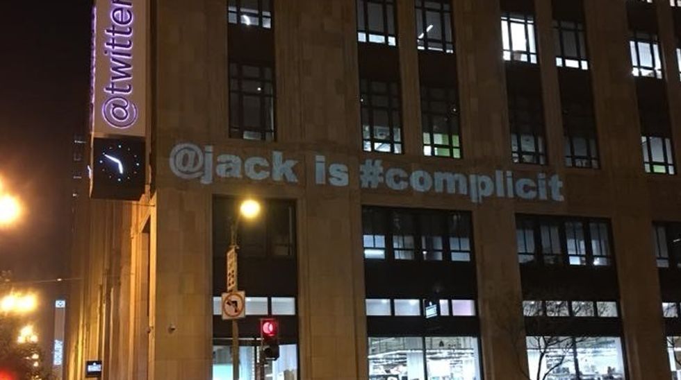 Activists project 'Jack is complicit' on Twitter headquarters to protest keeping Trump's Twitter account active