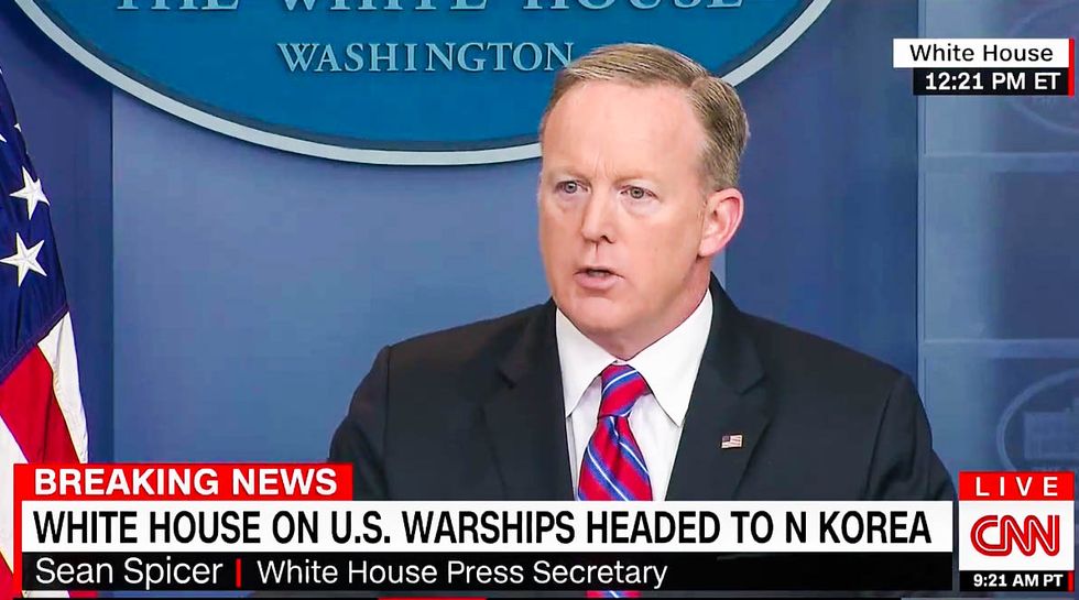 WATCH: Sean Spicer implodes when White House reporters grill him about aircraft carrier blunder