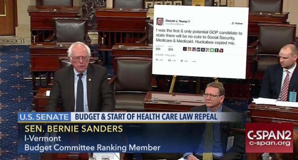 Bernie Sanders just trolled Trump from the Senate floor -- with one of his own tweets